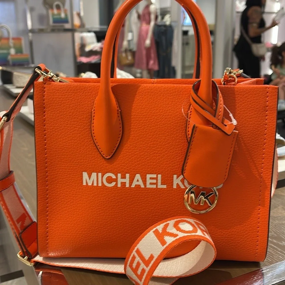 Michael Kors Mirella Small Pebbled Leather Shopper Top Zip Crossbody XBODY Poppy